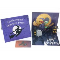 Handmade 3d Pop Up Halloween Greeting Card Witch Flying Broom Hat Haunted House Graveyard Tomb Moon Party Kid Child Treat And Trick